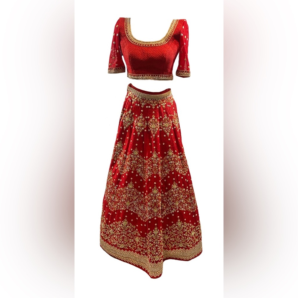 Chamee & Palak Red Wedding Lehenga with a Red & White Dupatta